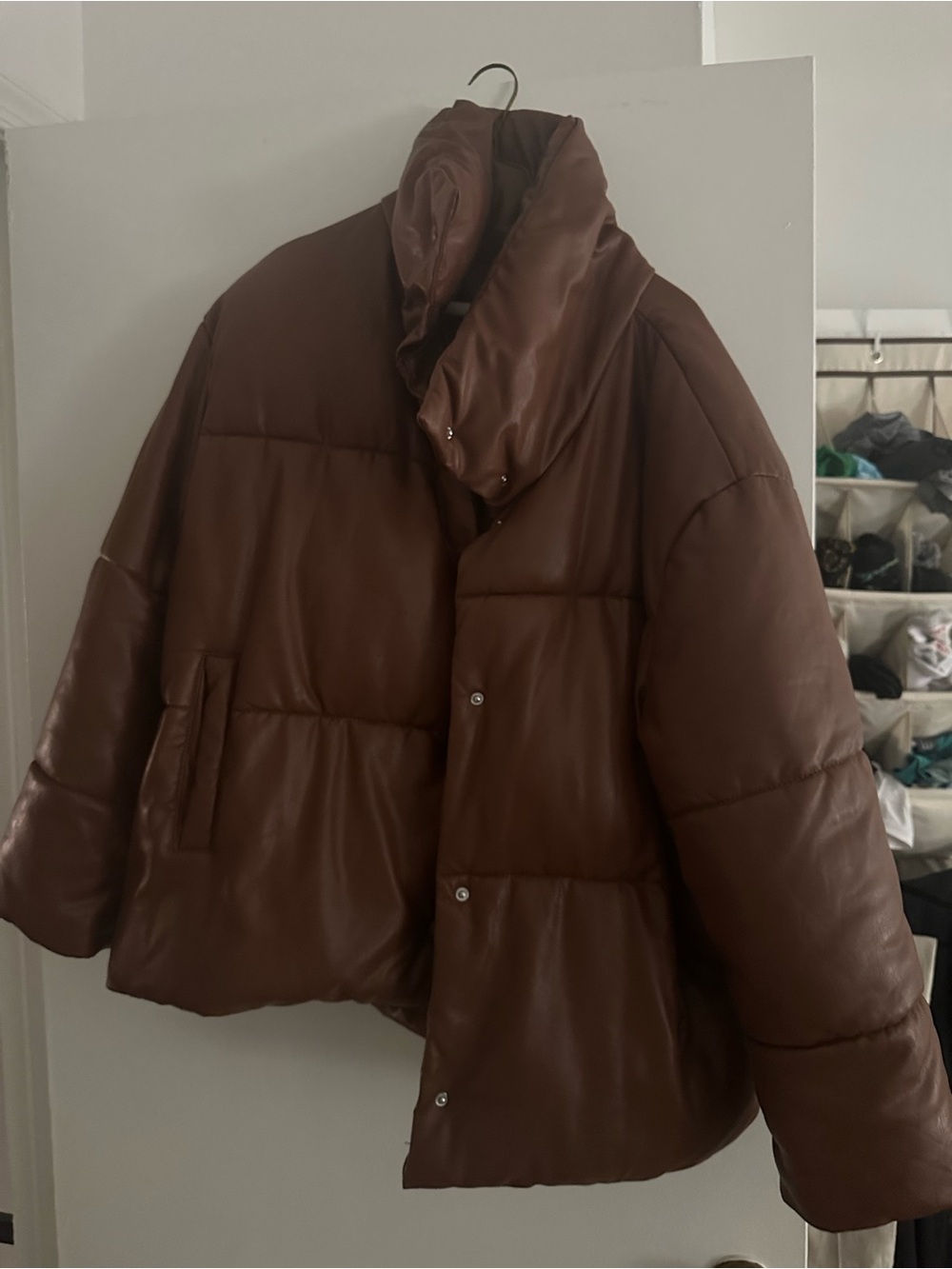 Brown vegan leather Puffer Jacket with High Collar size L